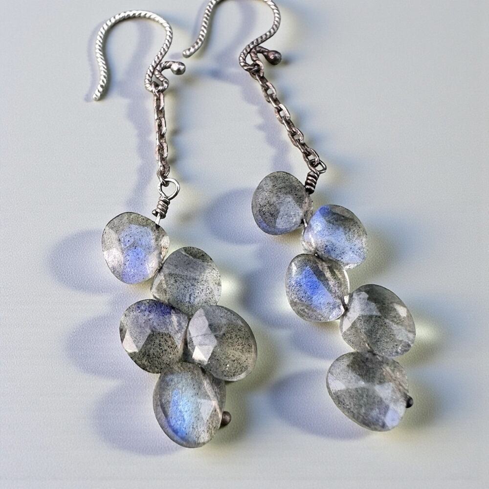 Labradorite Waterfall Earrings Sterling Silver 925 Cluster Cascade Blue Fire Gem